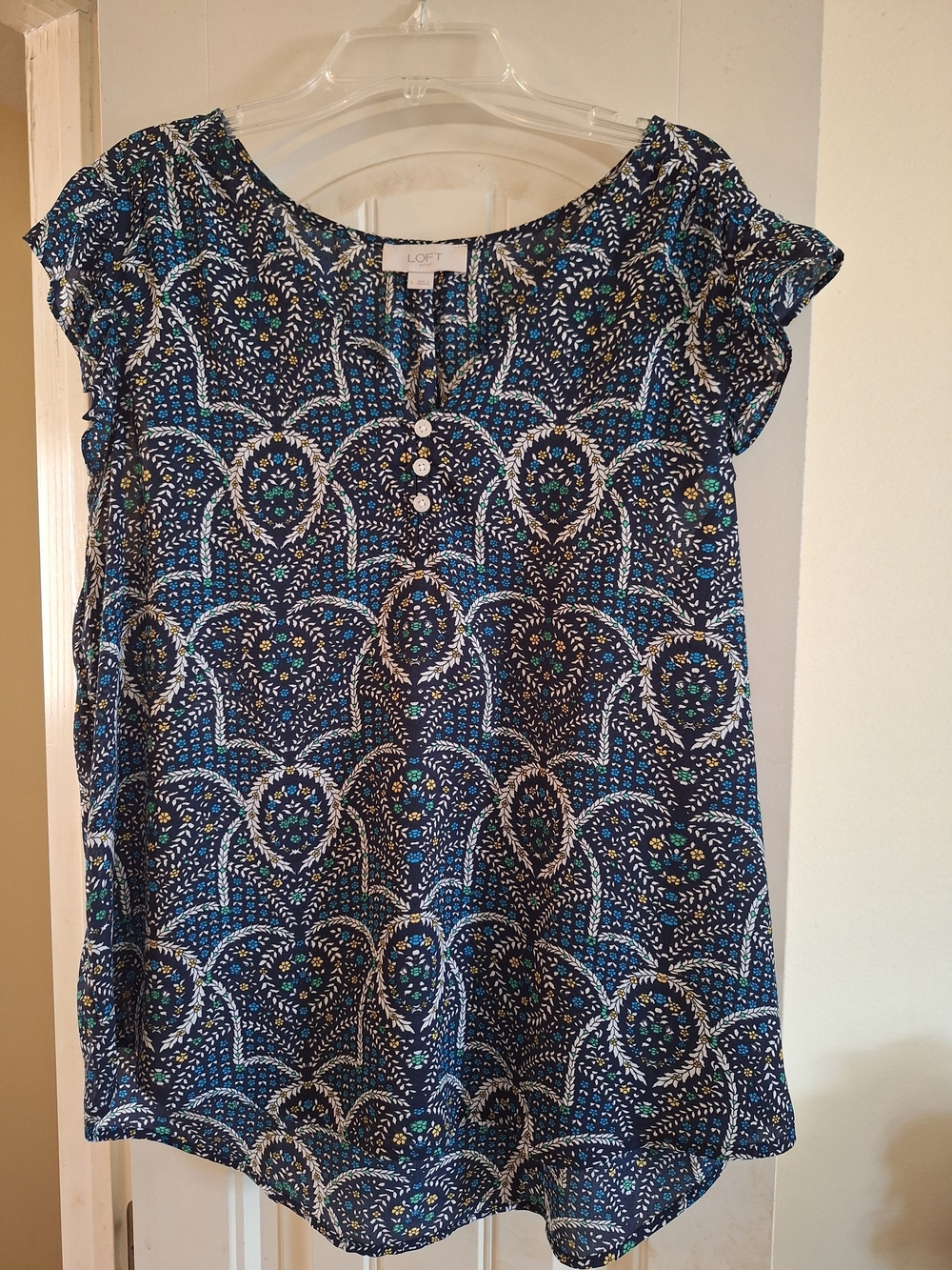 LOFT Navy Blue Floral-Print Short Sleeve Blouse